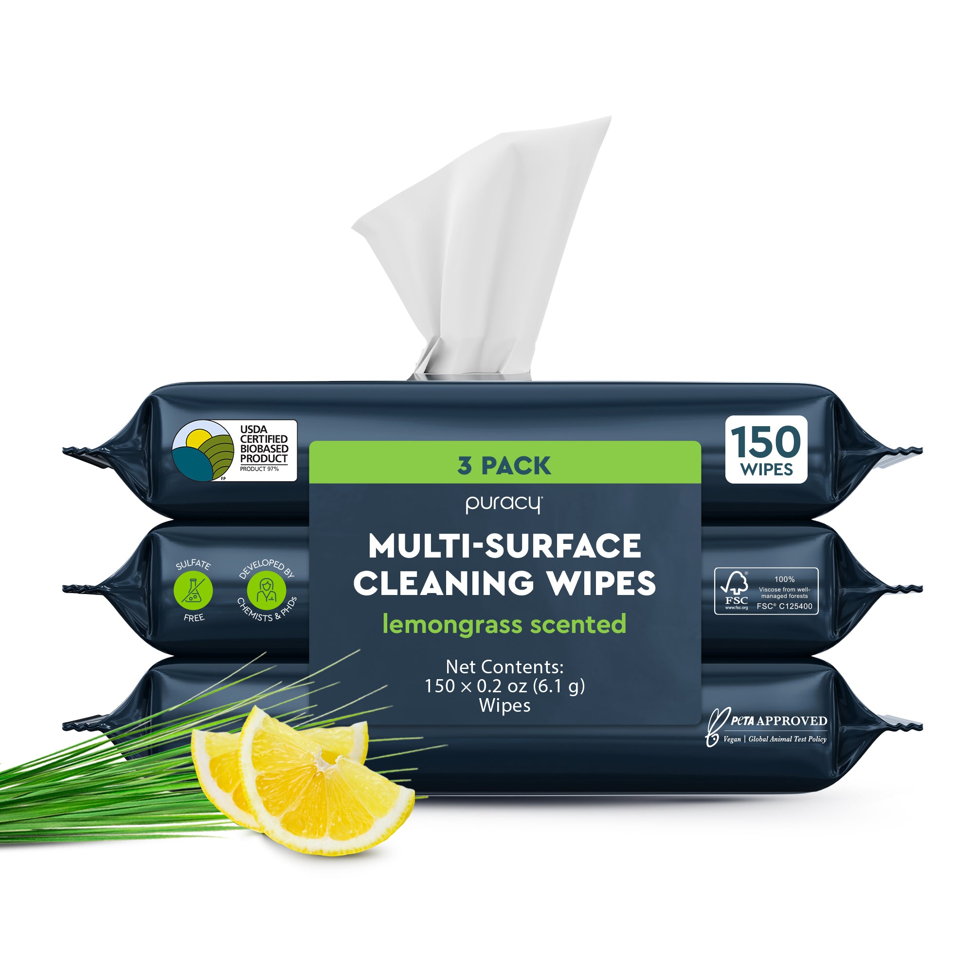 Three packs of Multi-Surface Cleaner Wipes, lemongrass scented with lemon slices and grass.