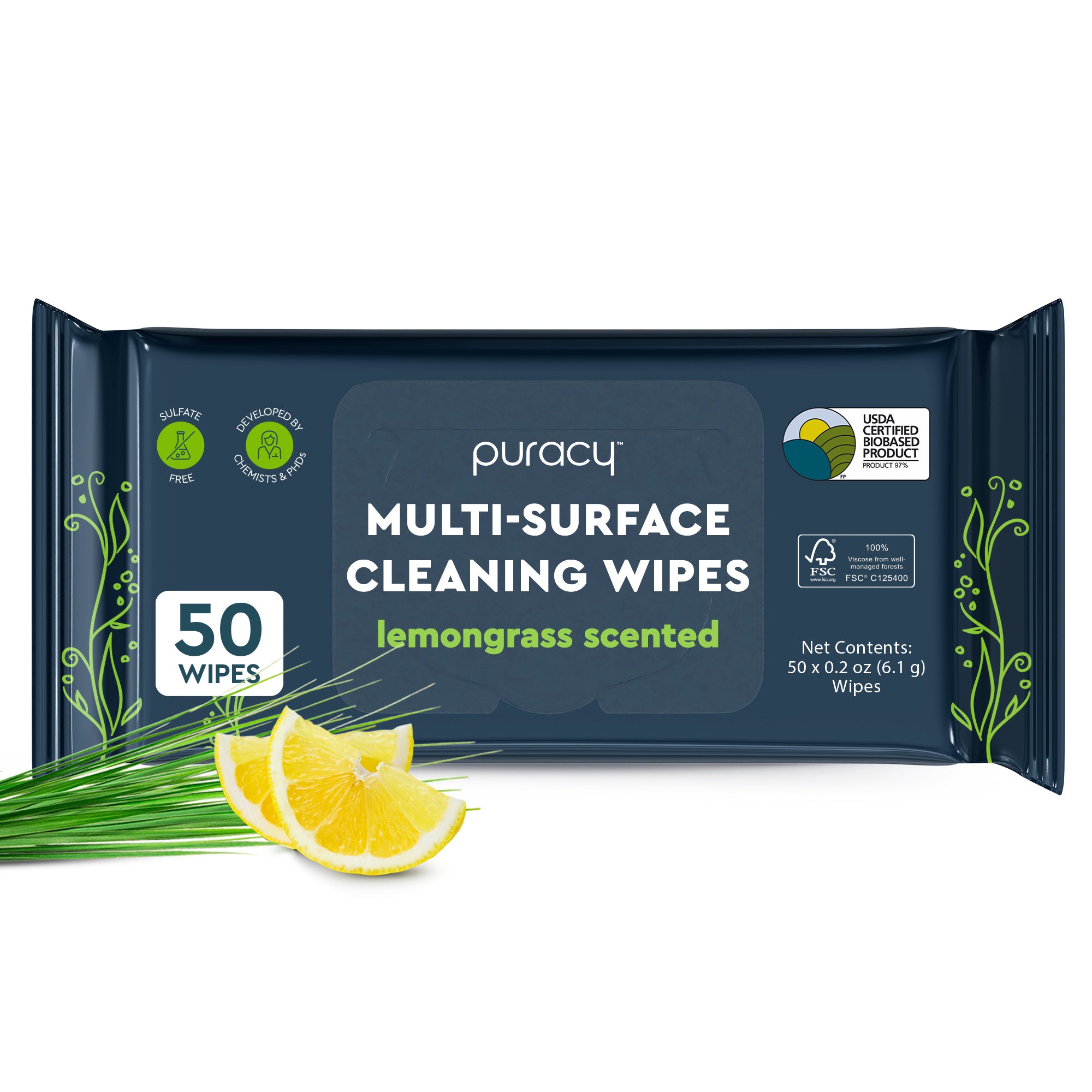 Puracy Multi-Surface Cleaner Wipes—50 eco-friendly, lemongrass-scented, plant-based wipes per pack.
