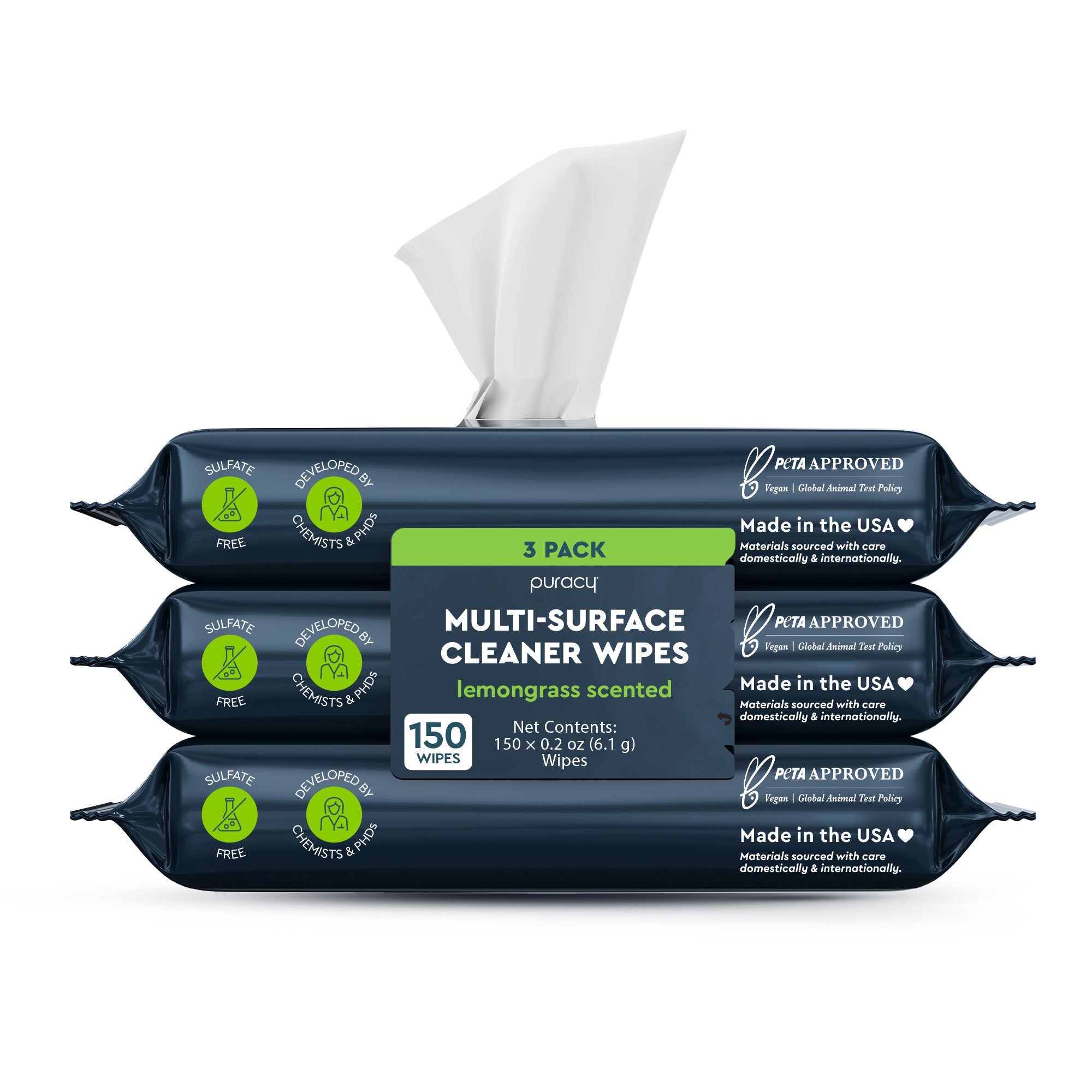 Three packs of Multi-Surface Cleaner Wipes, plant-based and lemongrass-scented, one pack open.
