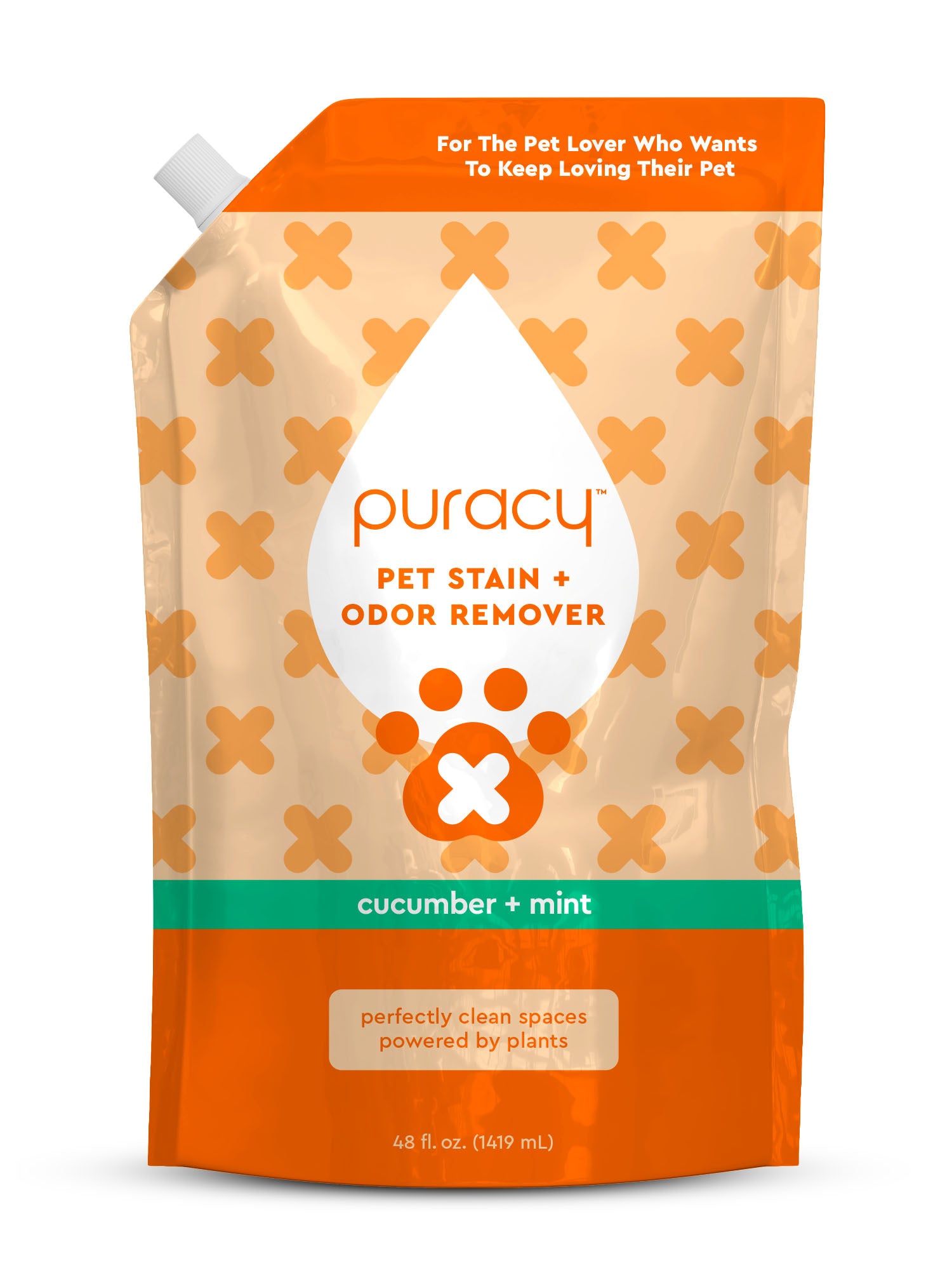 Puracy Pet Stain & Odor Remover, enzyme-powered, cucumber mint, 48 fl oz pouch, orange/tan design.