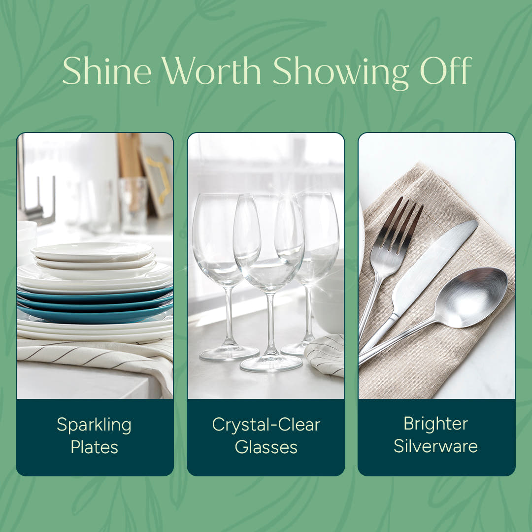 Three panels show spotless dishes and glasses, clean silverware with Dishwasher Rinse Aid on green.