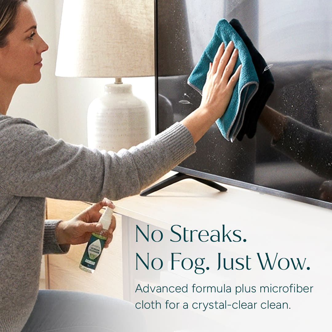 Woman cleans TV screen with Screen Cleaner (New Arrival) and a microfiber cloth for streak-free results.