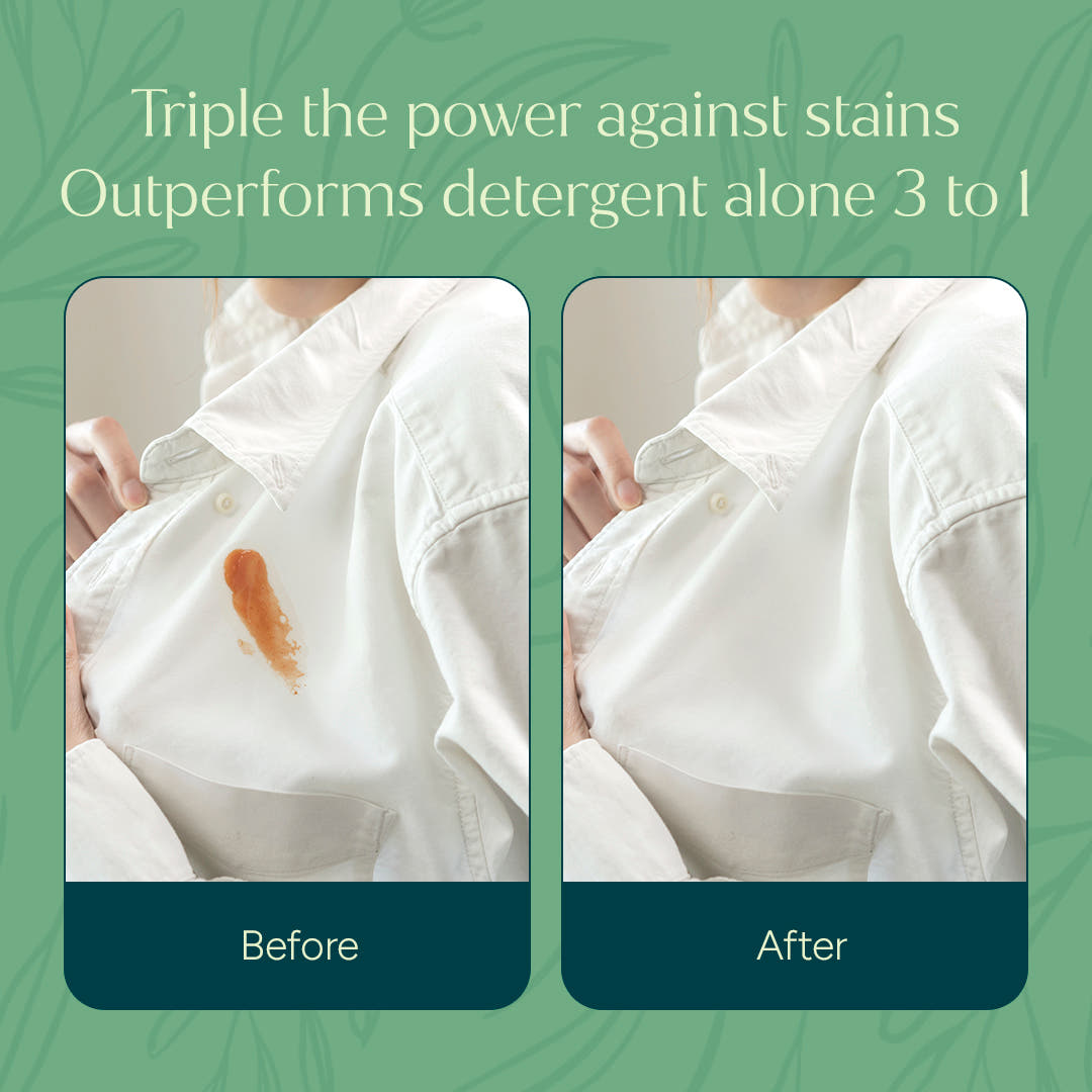 Before and after images of a shirt cleaned with Laundry Stain Remover for New Customers.
