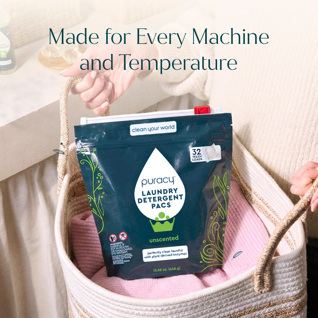 A person adds Laundry Detergent Pacs to folded clothes for powerful stain removal.