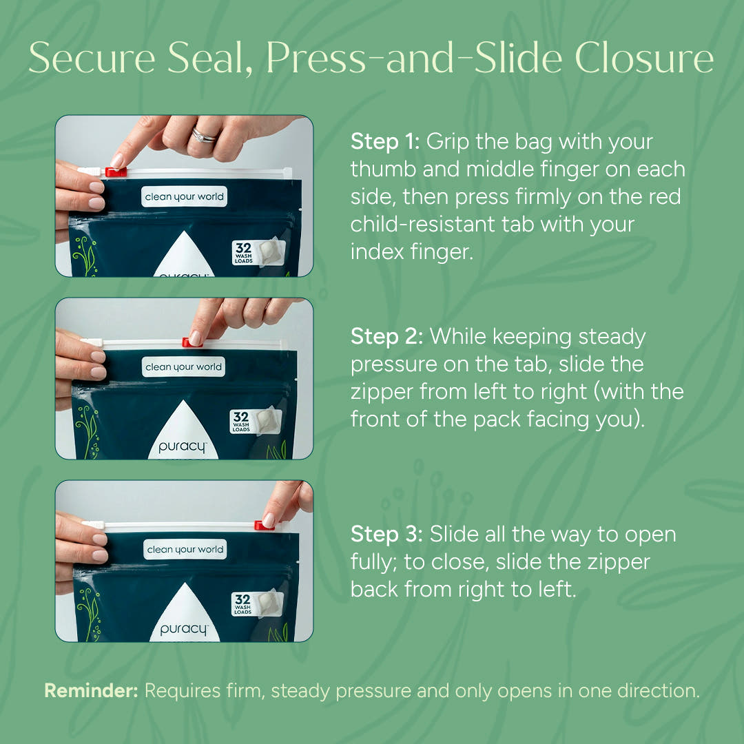 Hands demonstrating how to open Laundry Detergent Pacs bag with secure press-and-slide zipper; free & clear.