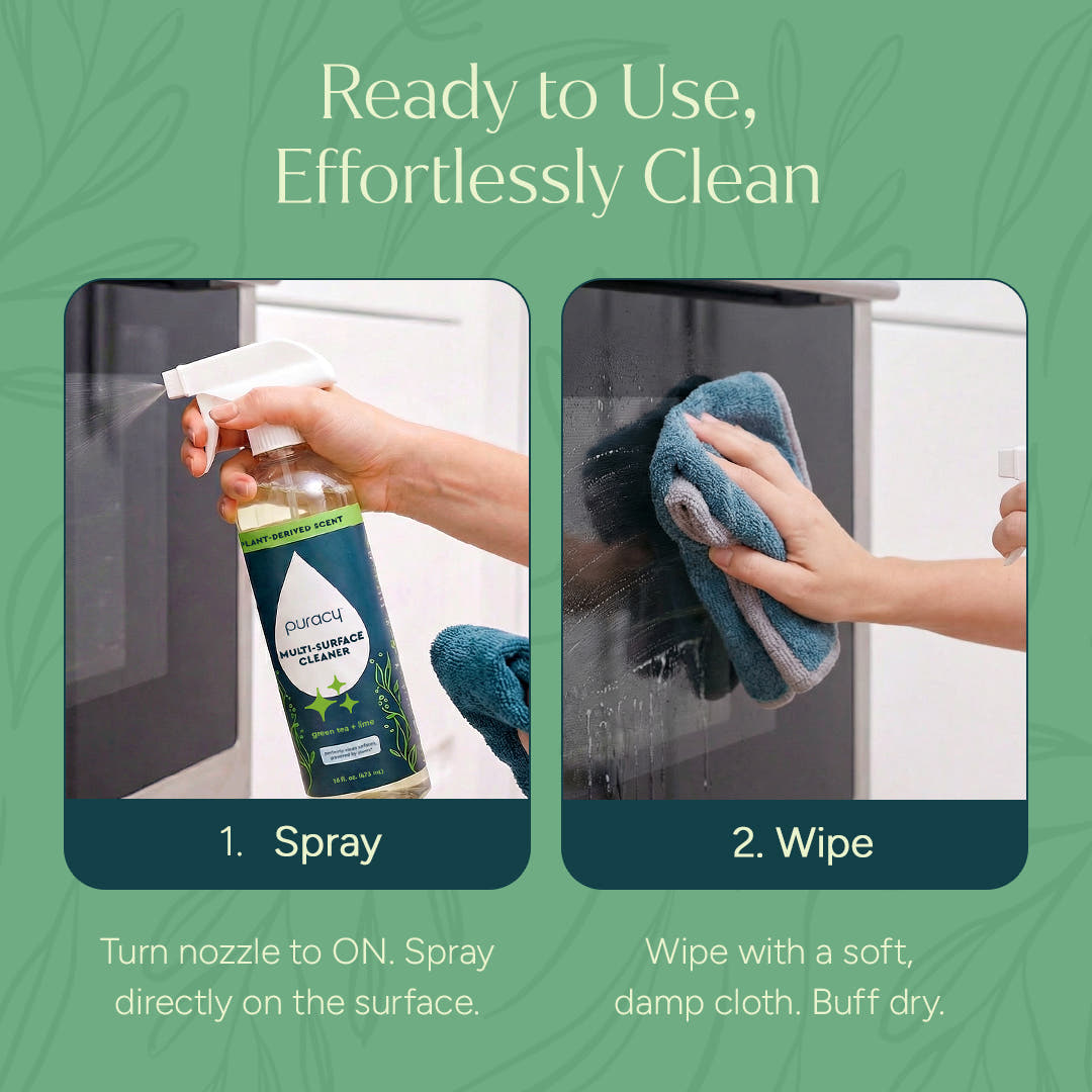 Clean in two steps: spray Multi-Surface Cleaner Spray, then wipe with a damp cloth for streak-free shine. #common