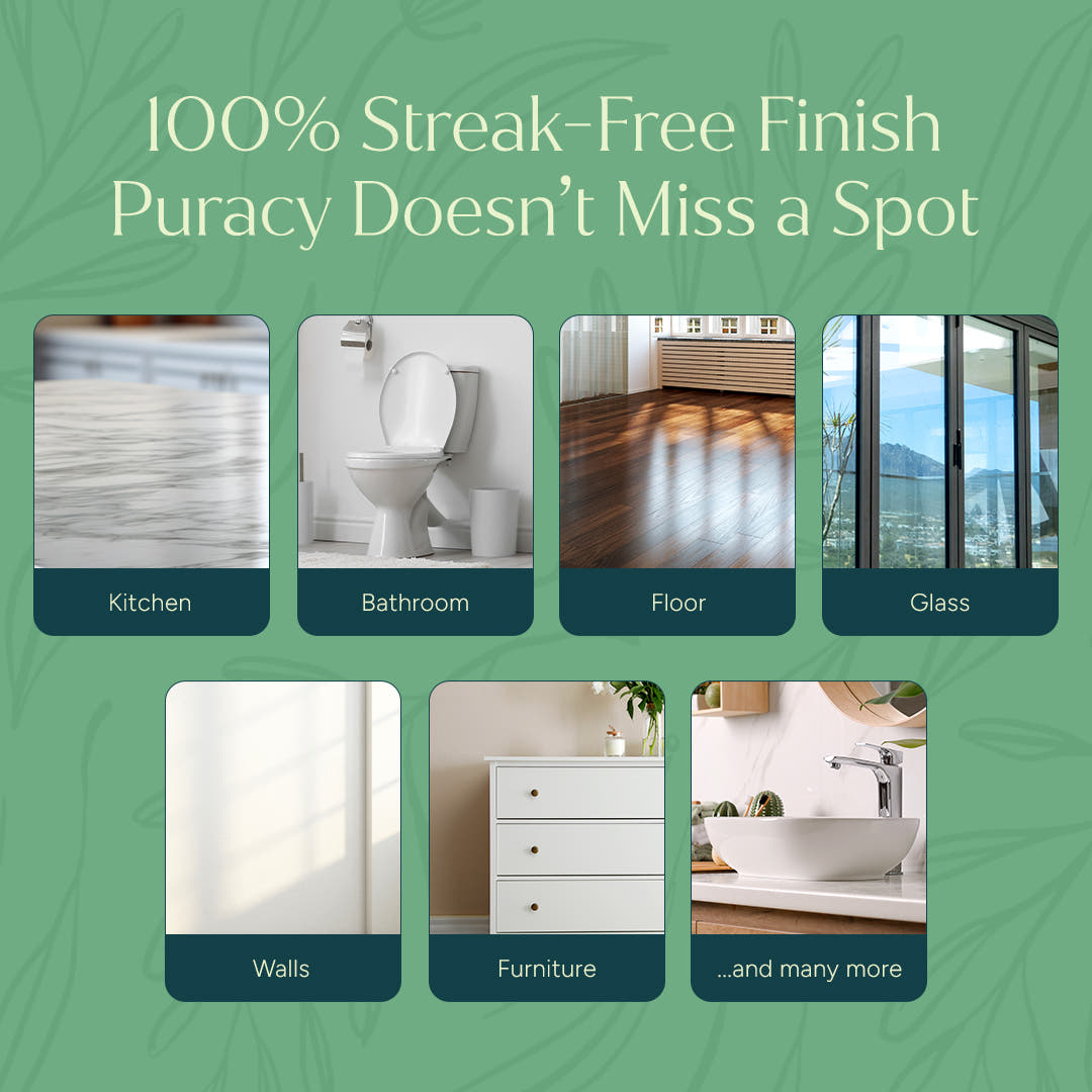 Six labeled images show surfaces Everyday Multi-Surface Cleaner shines: kitchen, bathroom, floor, and more.