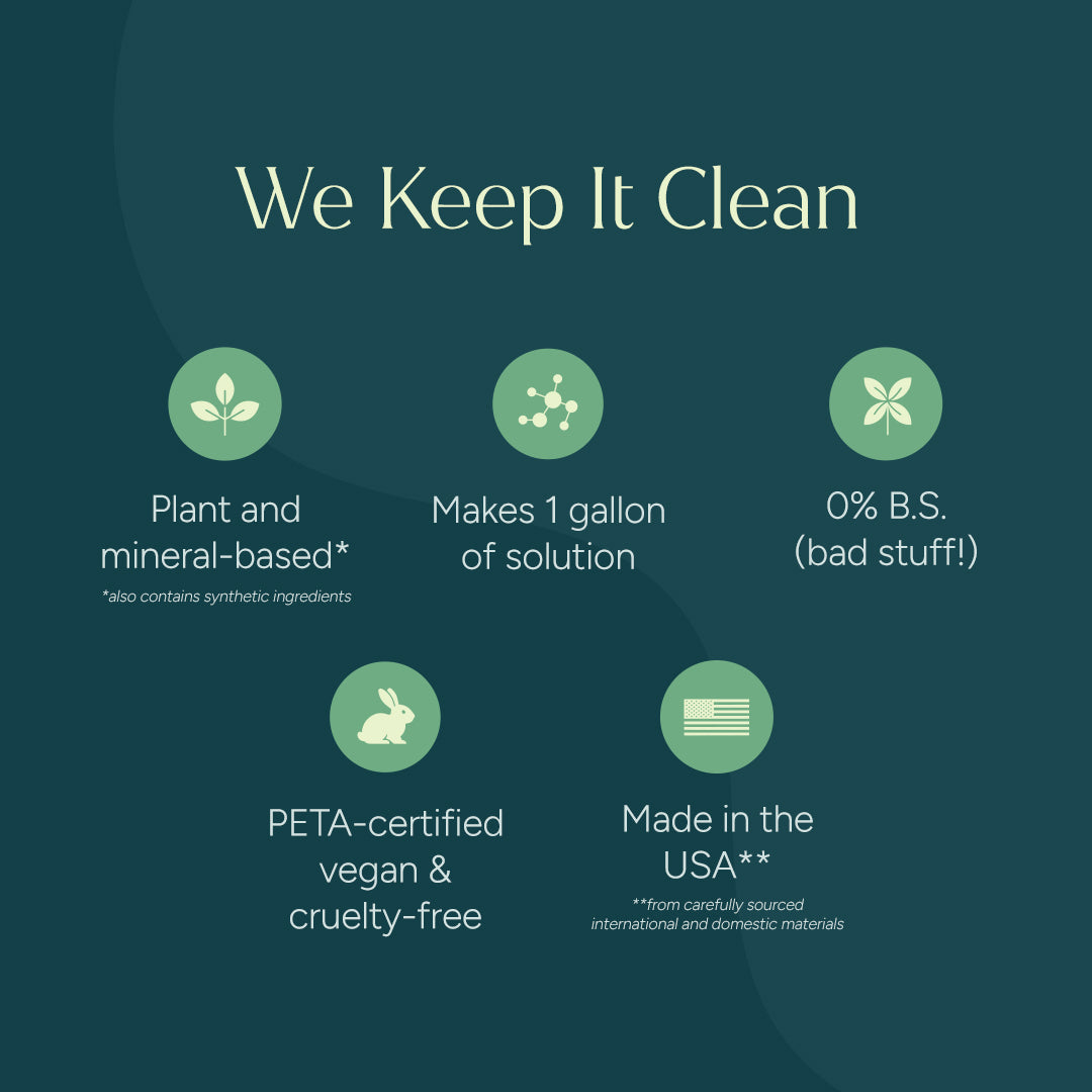 Infographic on Everyday Multi-Surface Cleaner: plant-powered, concentrated refill, vegan, USA-made.