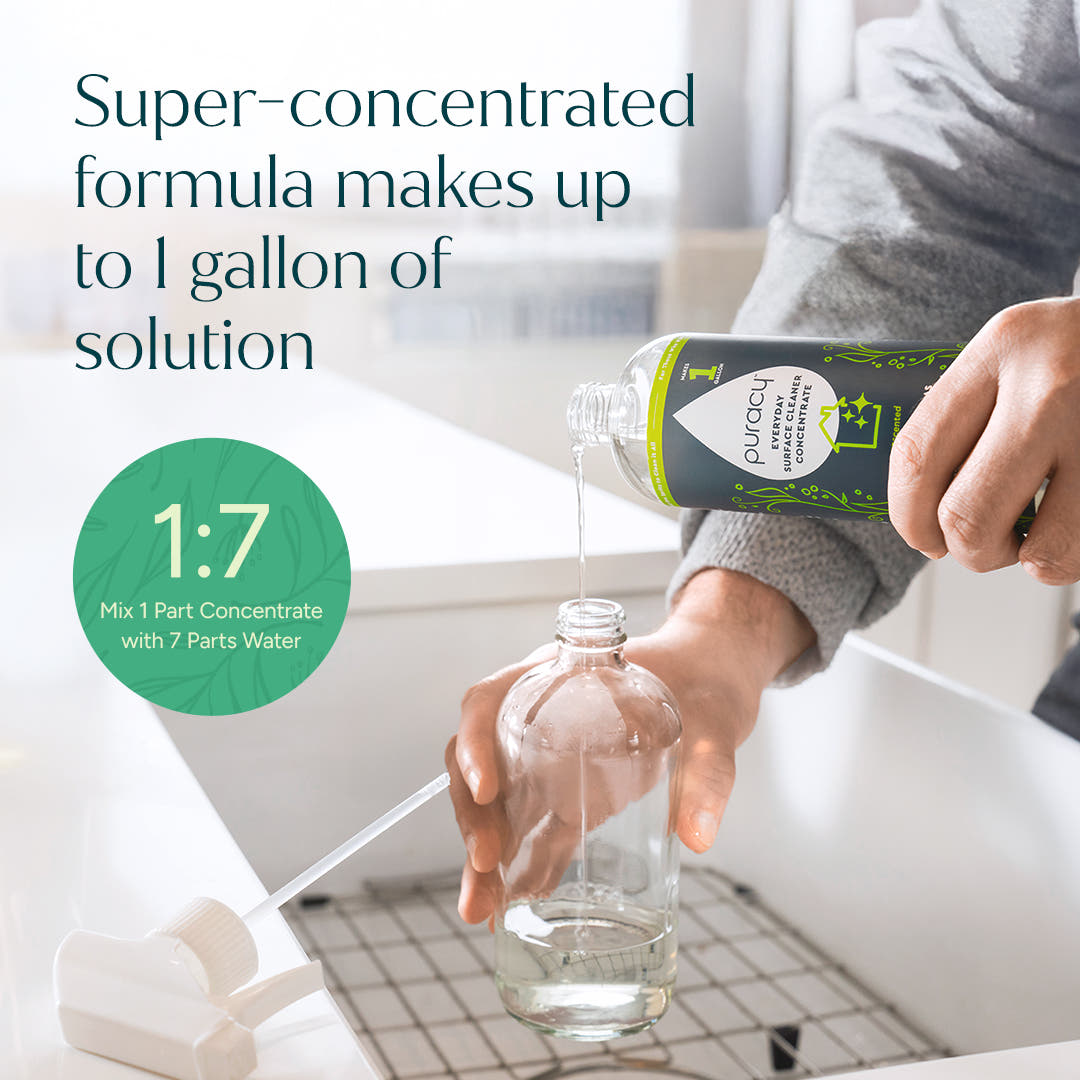 A person pours Everyday Multi-Surface Cleaner refill into a glass bottle next to dilution instructions.