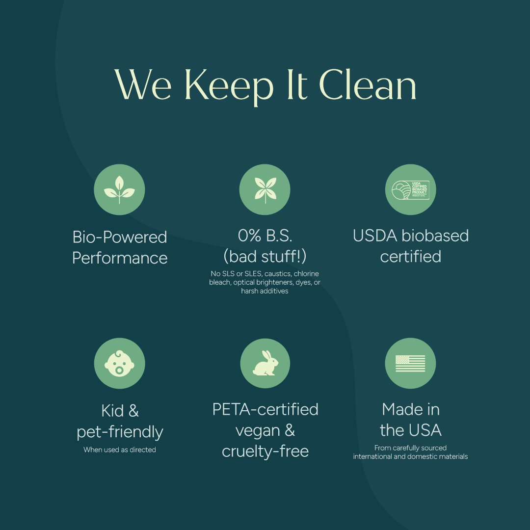 Six icons with text highlight our vegan, plant-powered, eco-friendly Multi-Surface Cleaner Spray features.