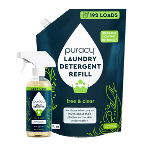 The Natural Stain Remover 12oz + Laundry Detergent Bundle from Puracy features bottles with green accents and text.