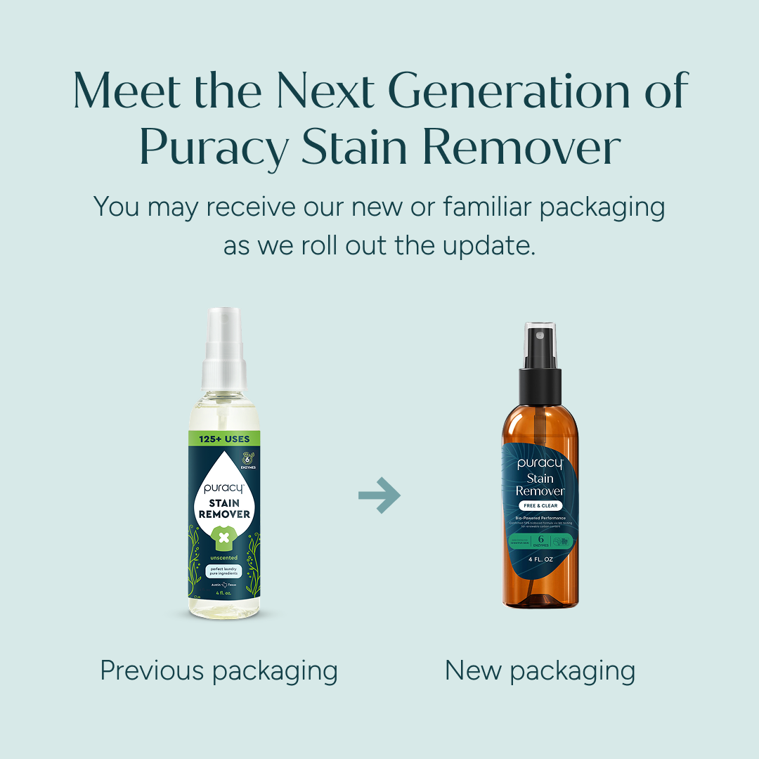 Two bottles of Laundry Stain Remover, featuring old and new Puracy packaging side by side.