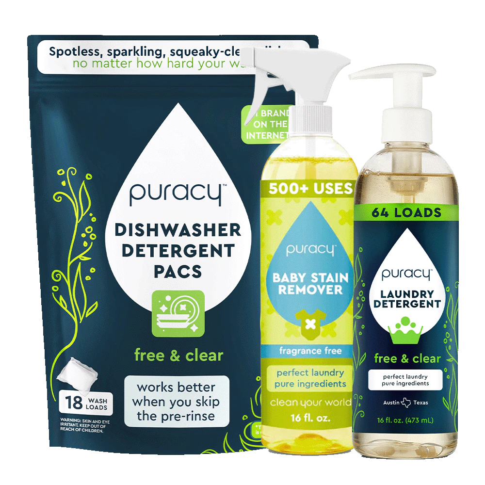 Gentle Clean Bundle: Fragrance-free Puracy detergents for dishwasher, baby stains, and laundry.