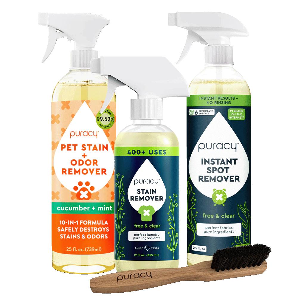 Stain Fighters Bundle with Puracy cleaners and brush for powerful pet stain and odor removal.