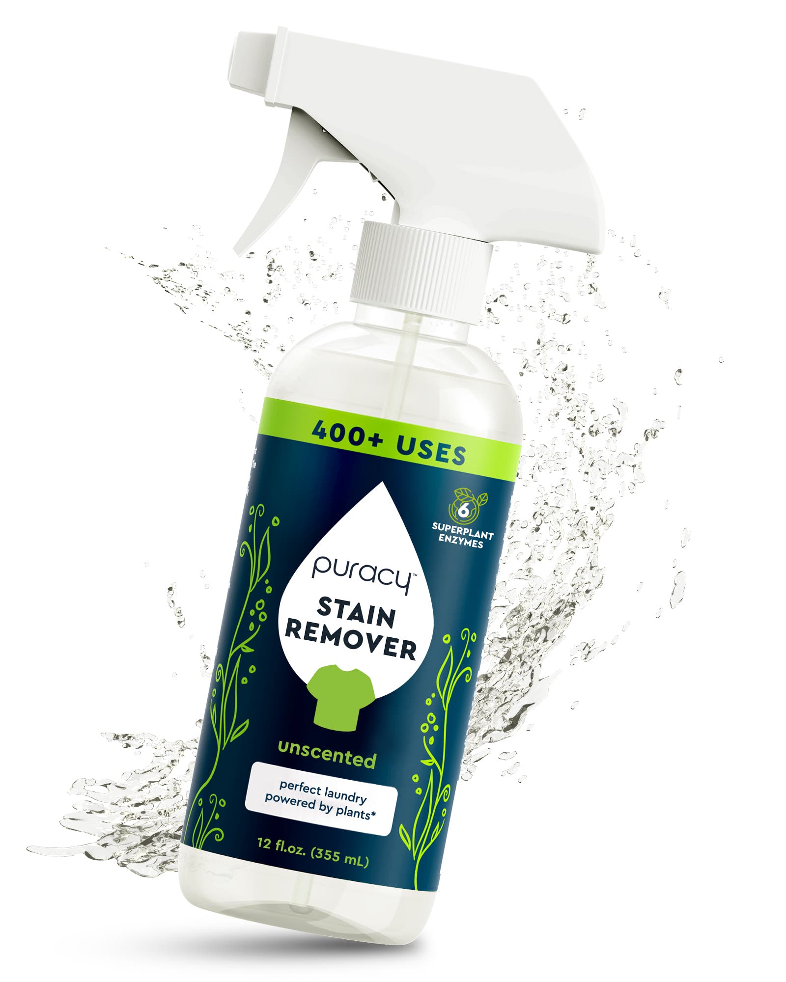 A spray bottle of Laundry Stain Remover for New Customers by Puracy with water splashing behind it.
