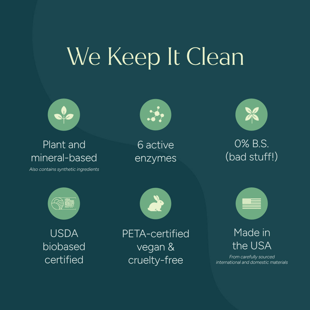 Infographic: our vegan, hypoallergenic Laundry Stain Remover - 12oz with 6 enzymes & USDA certified.