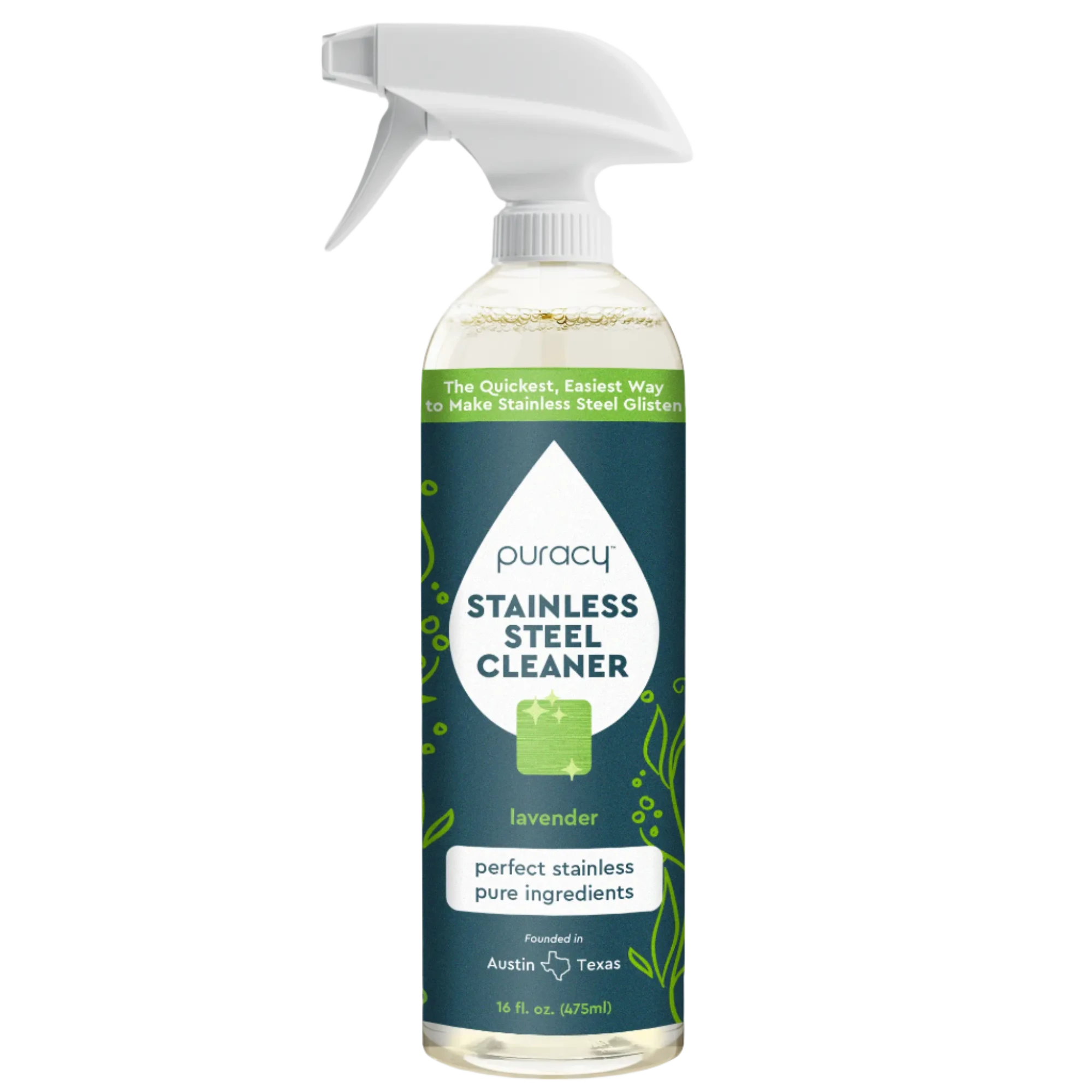 The Stainless Steel Surface Cleaner by Puracy, 16 fl. oz., comes with a plant-based formula and features a calming green and white label.