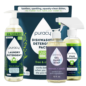 Puracy Starter Bundle: Top-notch essentials for laundry, hands, stains, and dishes with great results.