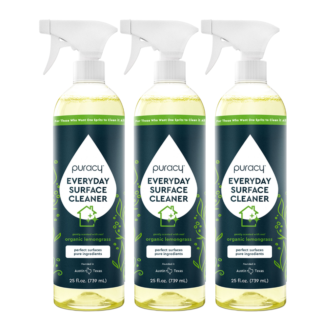 Three 25 fl oz aluminum bottles of Puracy Everyday Multi-Surface Cleaner in organic lemongrass scent.