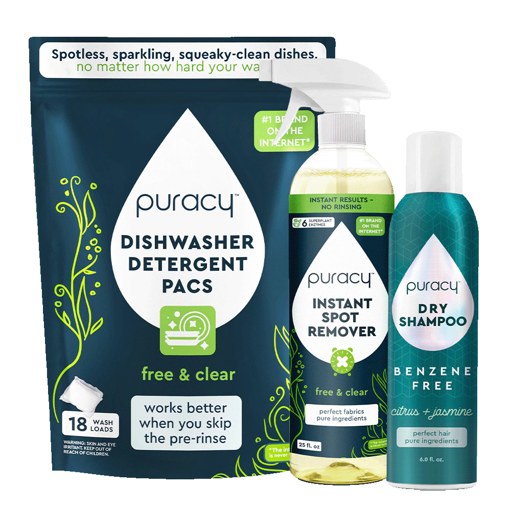 Time Savers Bundle: dishwasher pods, spot remover, dry shampoo by Puracy.