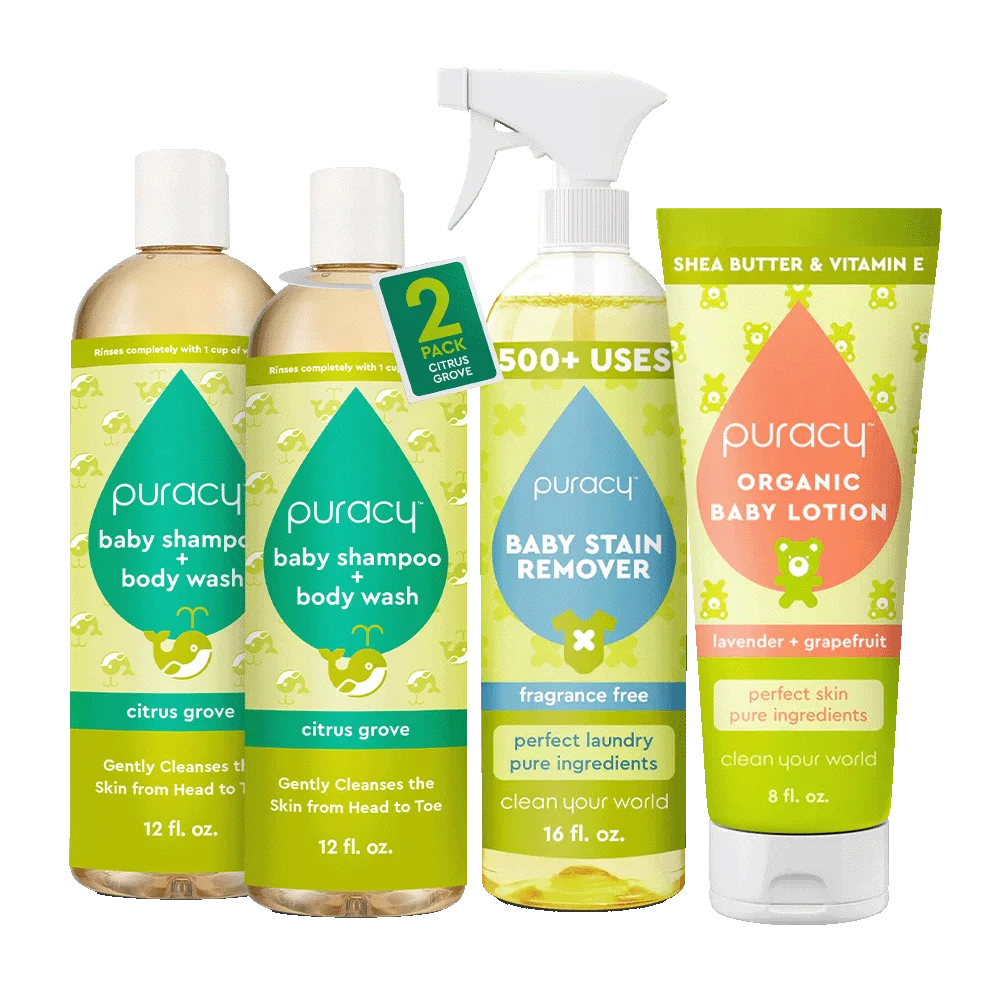 The Ultimate Baby Bundle includes baby shampoo, stain remover, and lotion in various packaging.