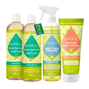 The Ultimate Baby Bundle includes baby shampoo, stain remover, and lotion in various packaging.