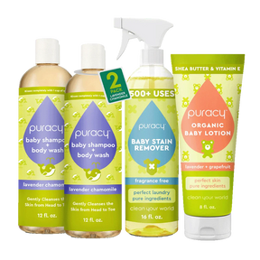 The Ultimate Baby Bundle includes shampoo, stain remover, lotion, and wash—all gentle and natural.