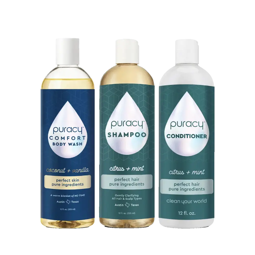 Explore the Under the Shower Bundle by Puracy, which includes gentle shampoo and natural body wash, all packaged in elegantly designed bottles with a range of invigorating scents to refresh your senses.