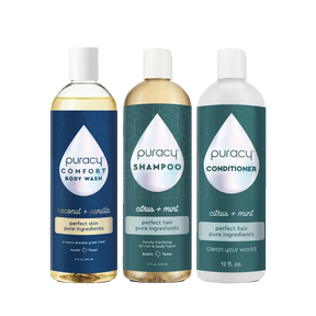 Explore the Under the Shower Bundle by Puracy, which includes gentle shampoo and natural body wash, all packaged in elegantly designed bottles with a range of invigorating scents to refresh your senses.