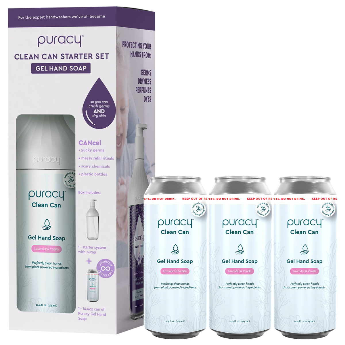 The Puracy Gel Hand Soap Starter Set includes a gel cleansing liquid hand soap made with plant-derived ingredients, along with three refill cans.