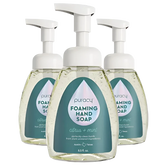 Three bottles of Foaming Hand Soap, each containing 8.5 fl oz and infused with citrus and mint, feature an eco-friendly formula crafted from biodegradable, plant-based ingredients.