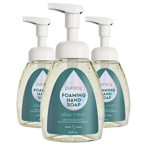 Three bottles of Foaming Hand Soap, each containing 8.5 fl oz and infused with citrus and mint, feature an eco-friendly formula crafted from biodegradable, plant-based ingredients.