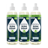 Three bottles of Natural Dish Soap in green tea and lime scent feature plant-based ingredients and a natural fragrance, offering an eco-friendly cleaning option.