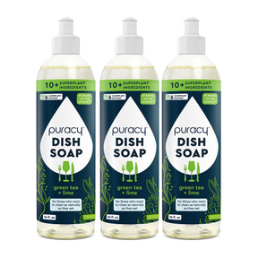 Three bottles of Natural Dish Soap in green tea and lime scent feature plant-based ingredients and a natural fragrance, offering an eco-friendly cleaning option.