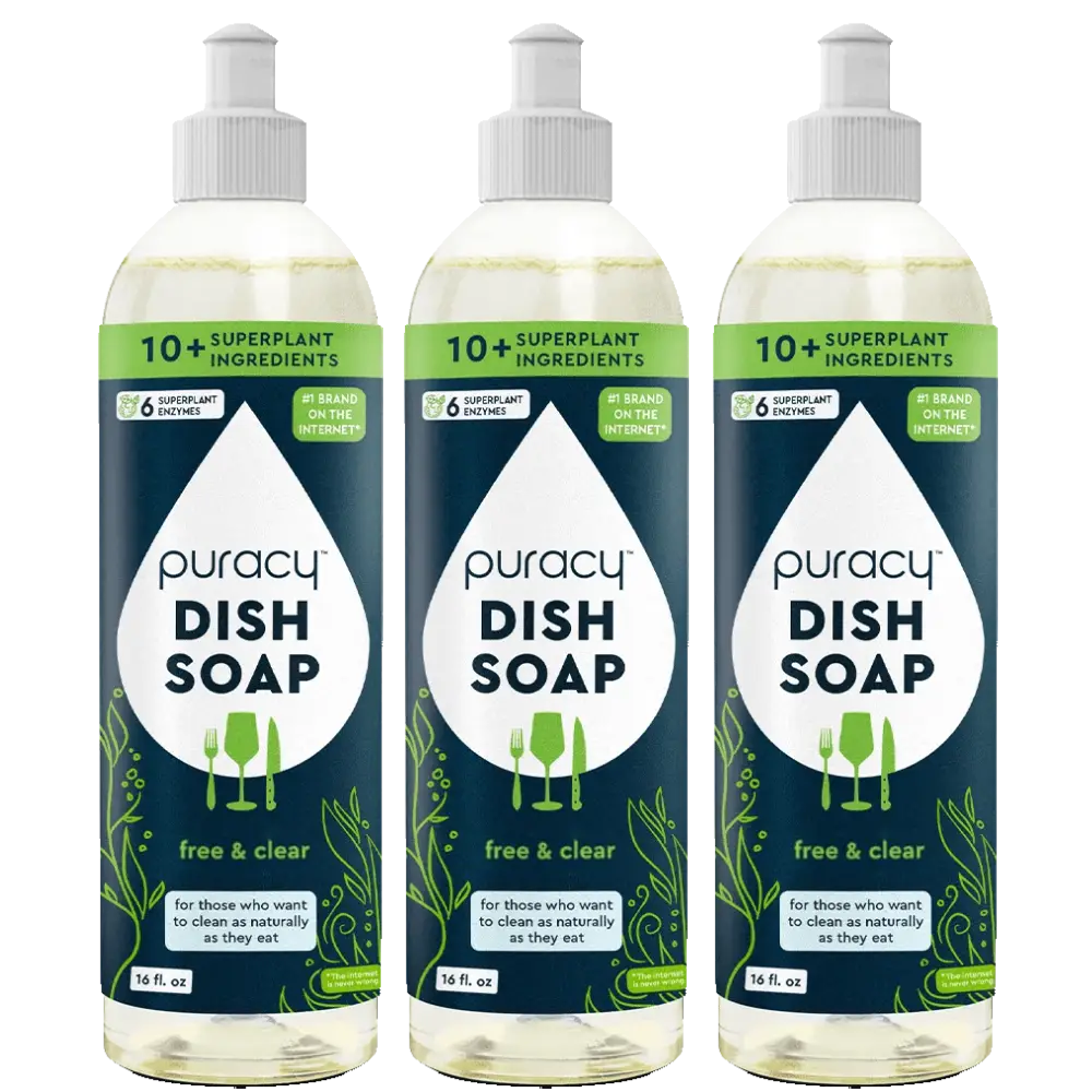 Three bottles of Natural Dish Soap, featuring green labels and clear liquid, are enhanced with plant-derived enzymes for an effective clean.