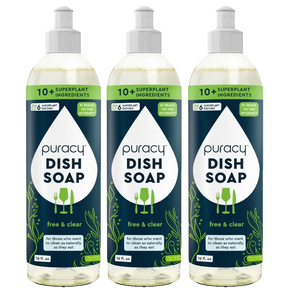 Three bottles of Natural Dish Soap, featuring green labels and clear liquid, are enhanced with plant-derived enzymes for an effective clean.