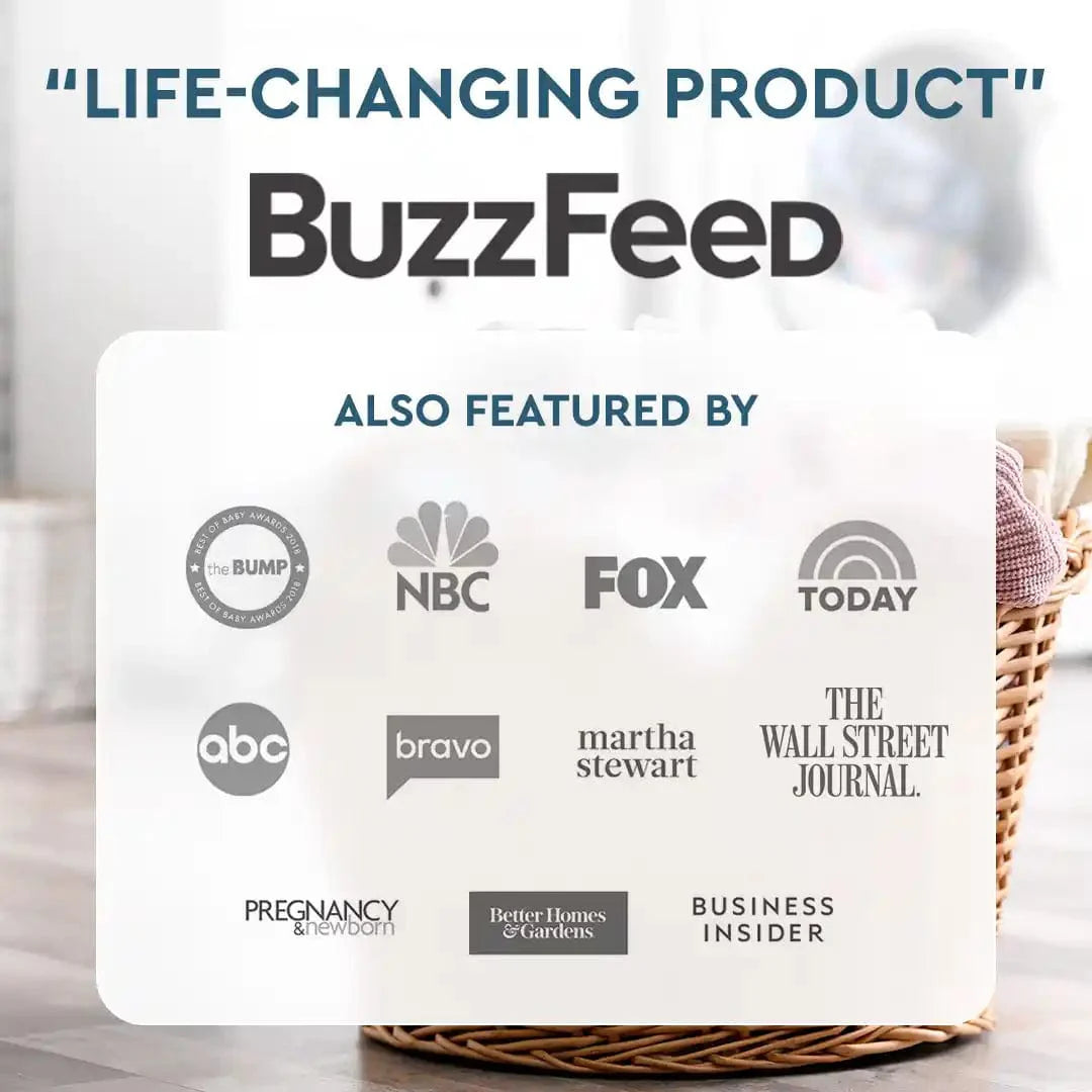 Media outlet logos showcasing a plant-based product, the Natural Stain Remover 12oz + Laundry Detergent Bundle, which BuzzFeed has praised as life-changing.