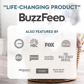 Media outlet logos showcasing a plant-based product, the Natural Stain Remover 12oz + Laundry Detergent Bundle, which BuzzFeed has praised as life-changing.