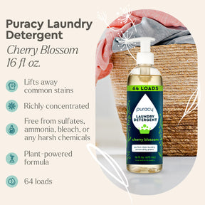 Puracy Laundry Detergent (Concentrated, Sulfate-Free) bottle with product features, highlighting its eco-friendly and hypoallergenic properties, detailed beside it.