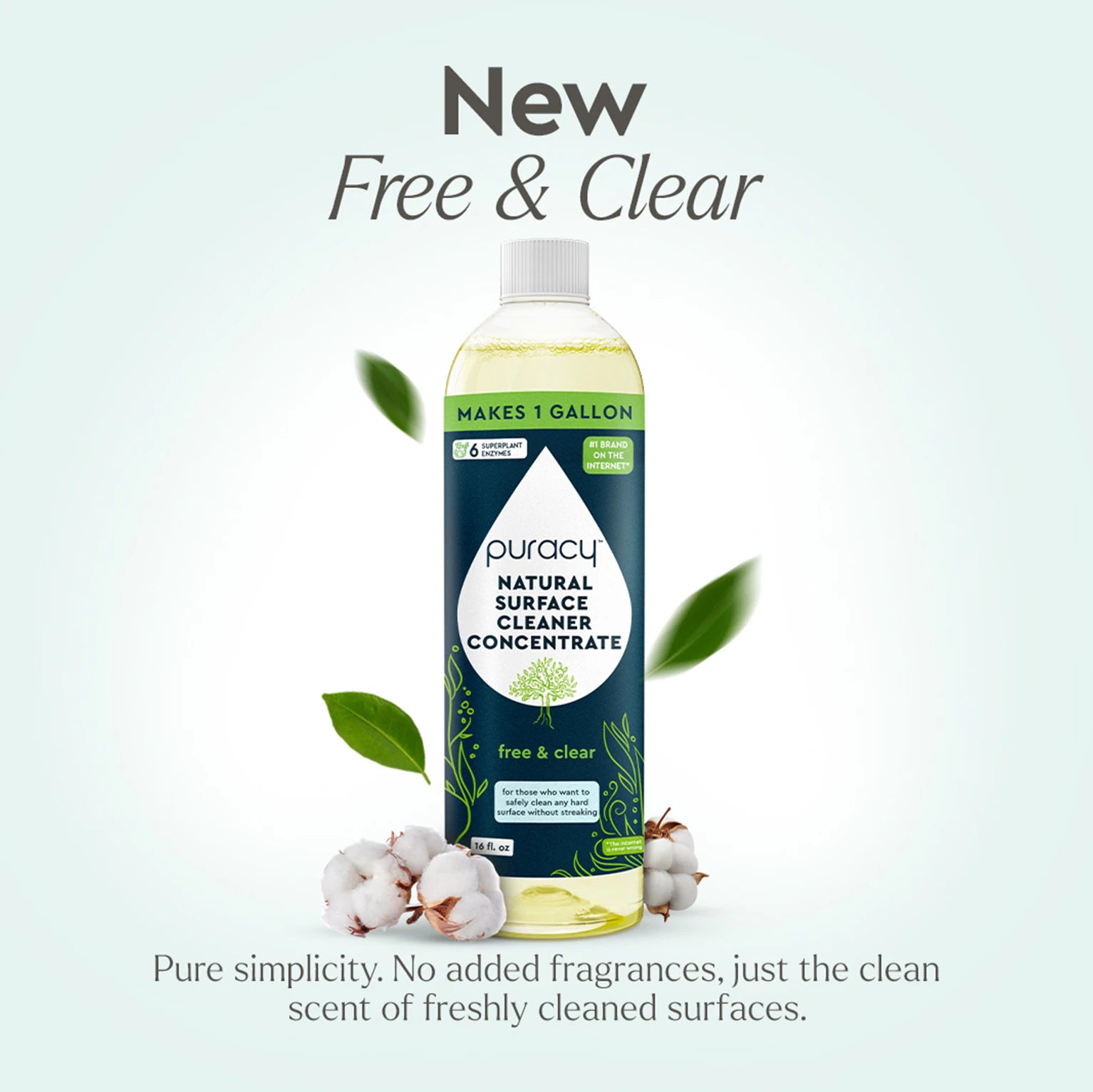 Everyday Multi-Surface Cleaner, Free & Clear, in a bottle on a light green background with cotton and leaves. This eco-friendly CLEAN CAN solution embraces nature's purity for spotless surfaces.