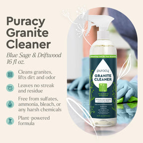 Granite Cleaner bottle featuring plant graphics and product details against a beige background.