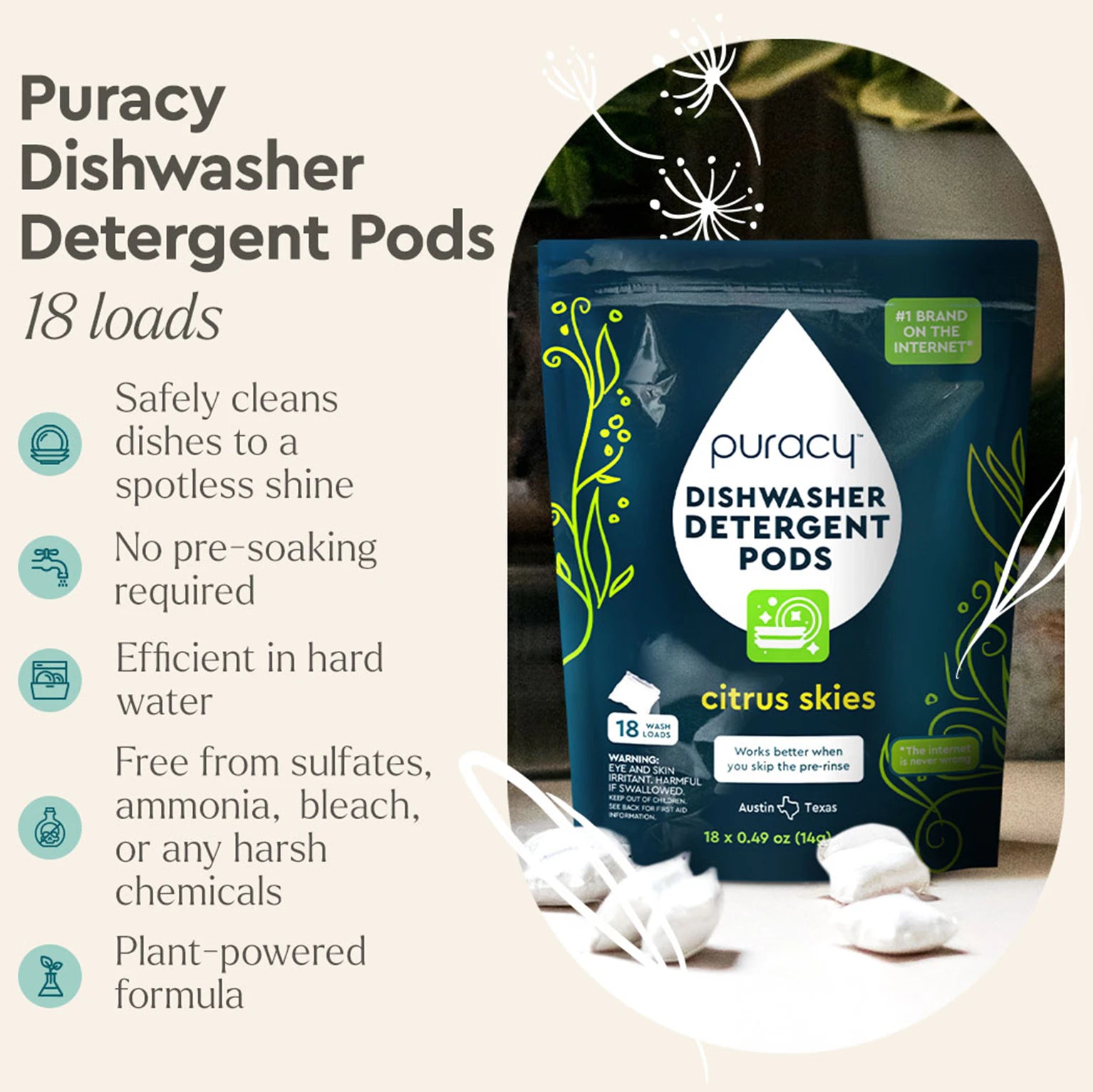 Biodegradable Puracys Trial Dishwasher Pods offer a citrus skies scent with plant-derived benefits.