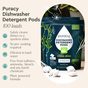 The package of Dishwasher Detergent Pods by Puracy shows plant-derived, biodegradable formulas on the left side.