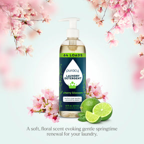 The Laundry Detergent (Concentrated, Sulfate-Free), offering 64 loads, features a hypoallergenic formula with cherry blossoms and limes for an eco-friendly clean.