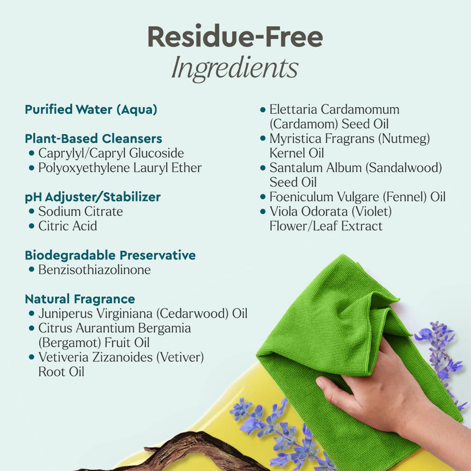 Granite Cleaner ingredients list with a hand wiping a green cloth on the side. #common #scent_blue-sage-driftwood