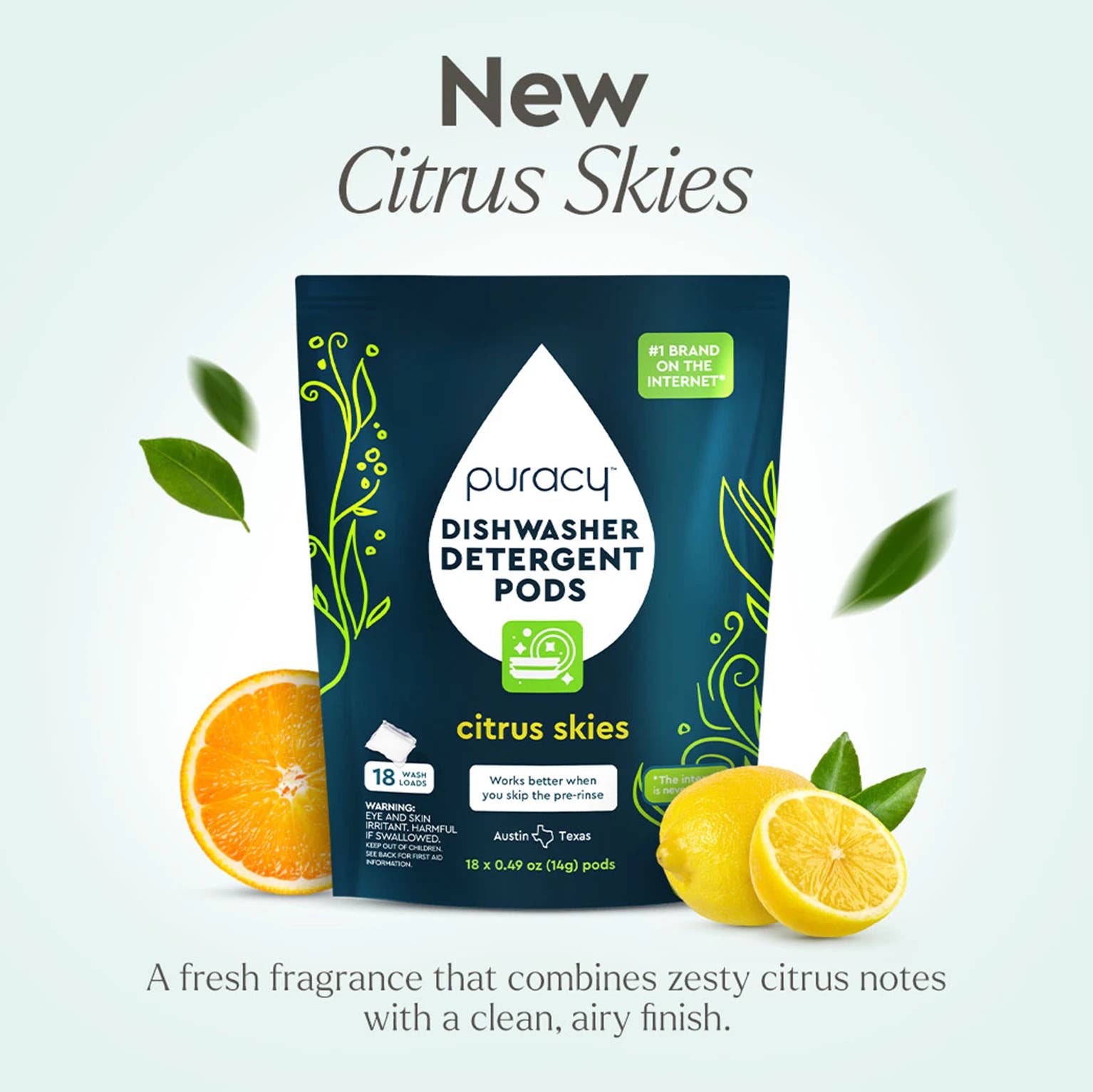 Trial: Dishwasher Detergent Pods feature a biodegradable, plant-derived formula with lemons and leaves. #common #scent_citrus-skies pack-of-18_#size