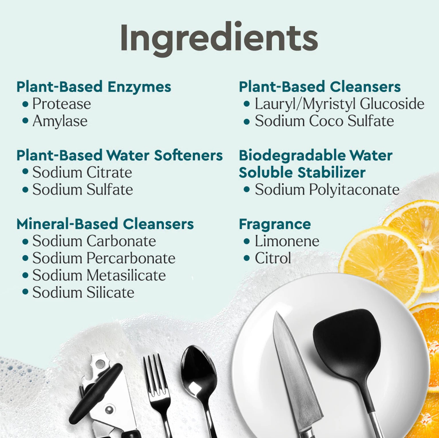 Image showing Dishwasher Detergent Pods and utensils, with lemon slices for garnish.