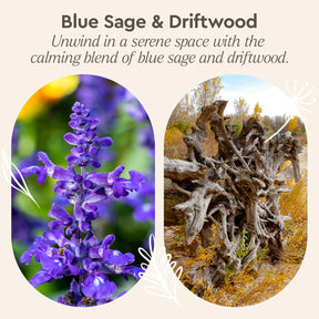 Blue sage-scented Granite Cleaner featuring driftwood notes and a calming message complemented by decorative accents.