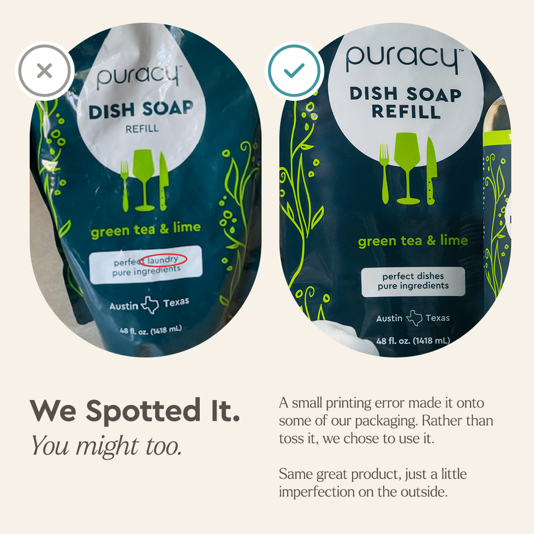 Two “Dish Soap” vegan, cruelty-free refill pouches: one has a typo, one spells “dishes” correctly.