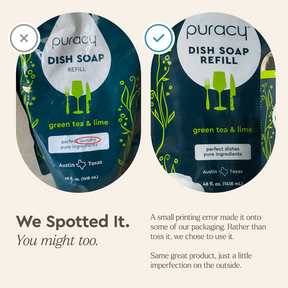 Two “Dish Soap” vegan, cruelty-free refill pouches: one has a typo, one spells “dishes” correctly.